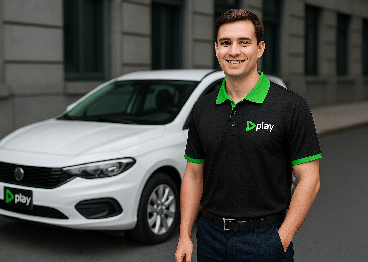 a man in a polo shirt standing in front of a car