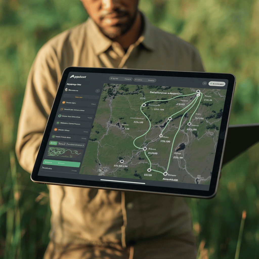 a monitoring steward holding a tablet device with a field monitoring app displayed
