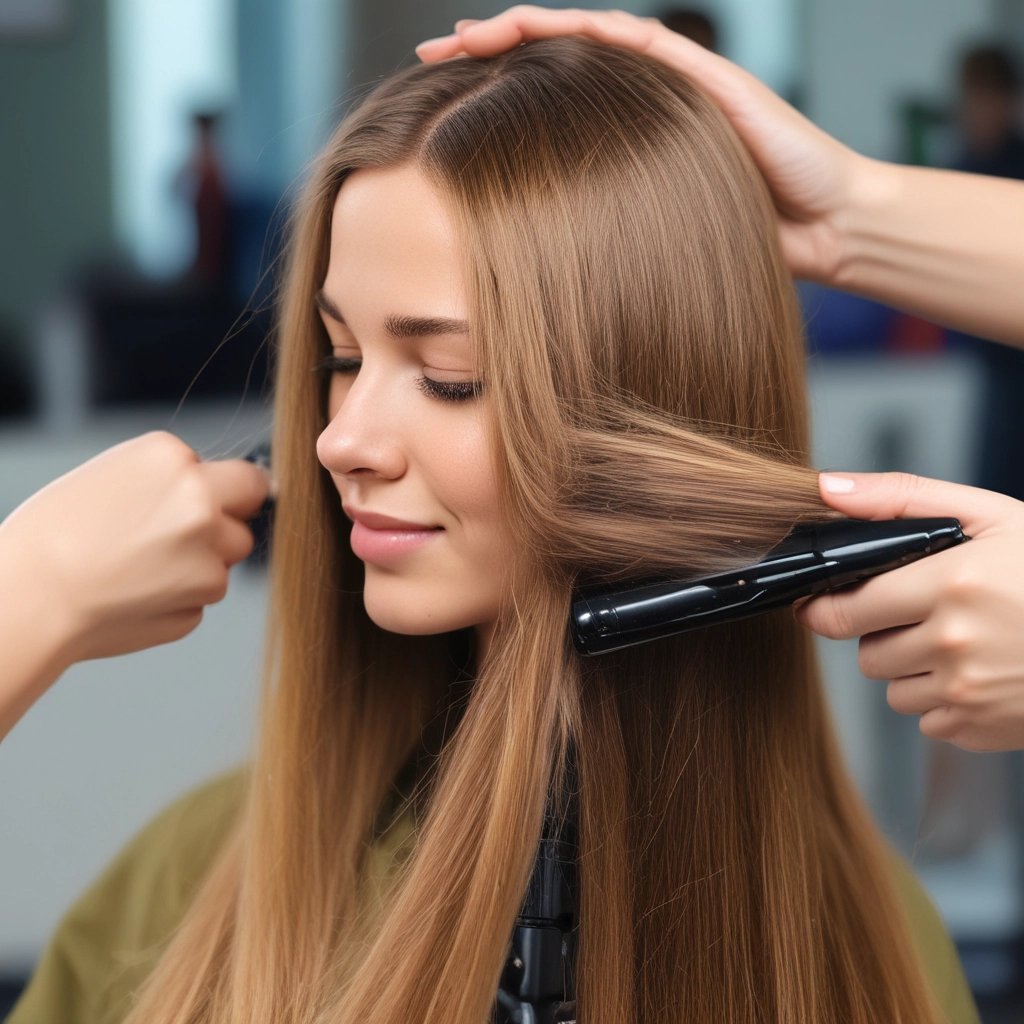 Shiny, smooth hair flowing down shoulders in a bright salon setting.