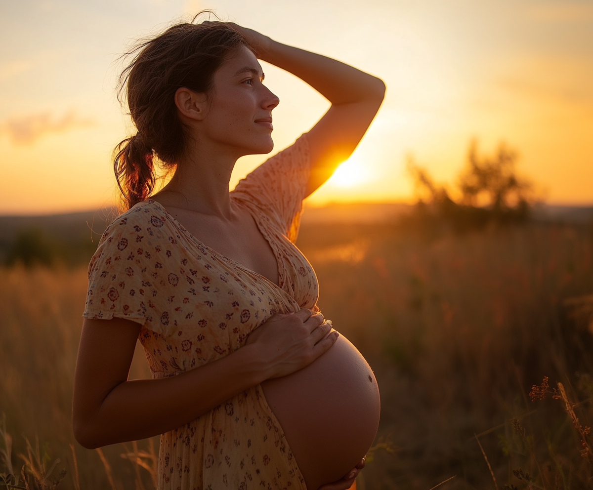 Fotografía de una mujer embarazada viendo hacia el atradecer acariciando su vientre 