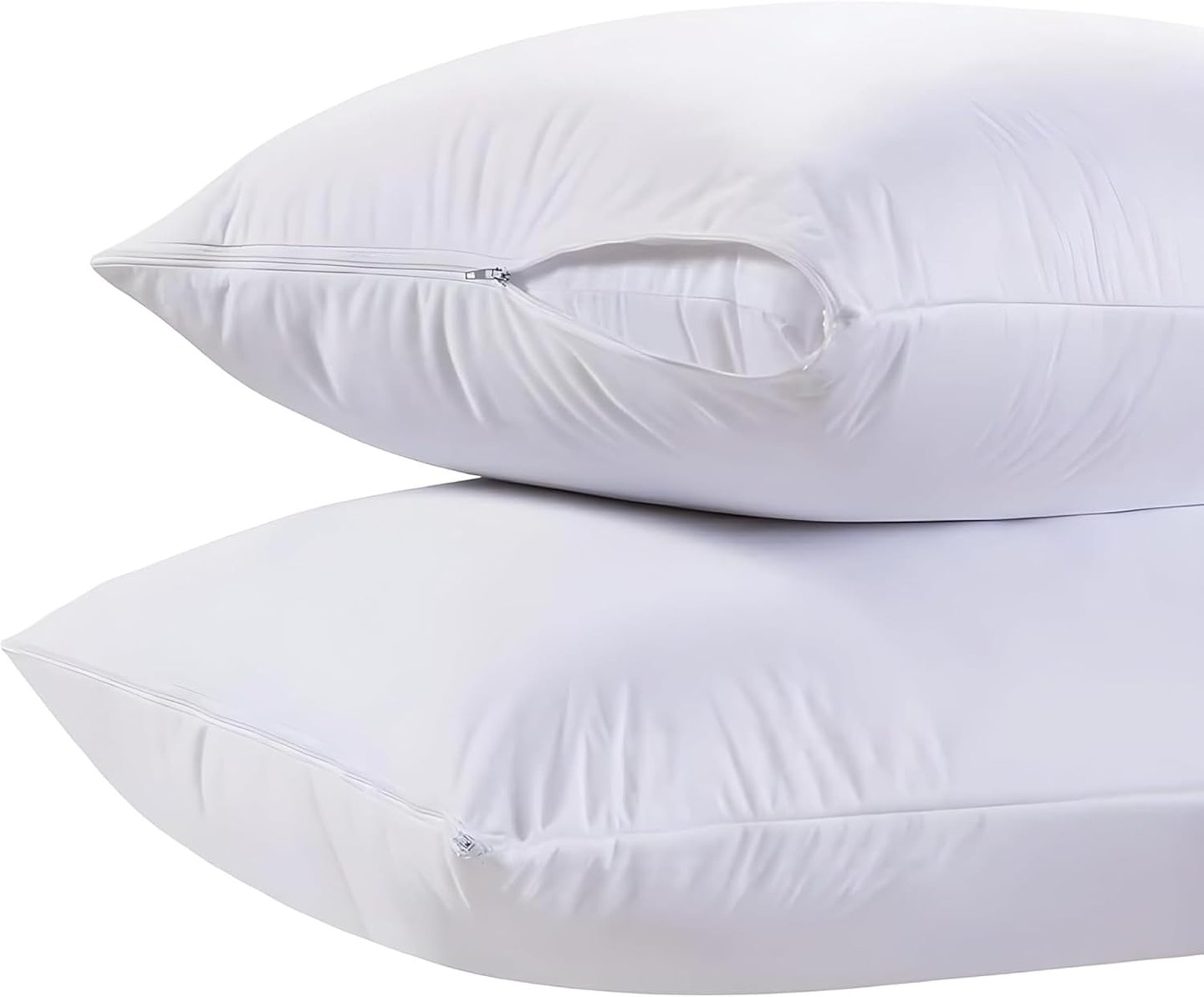 Two white zippered pillow protectors stacked on a white background for allergy and bed bug protection.