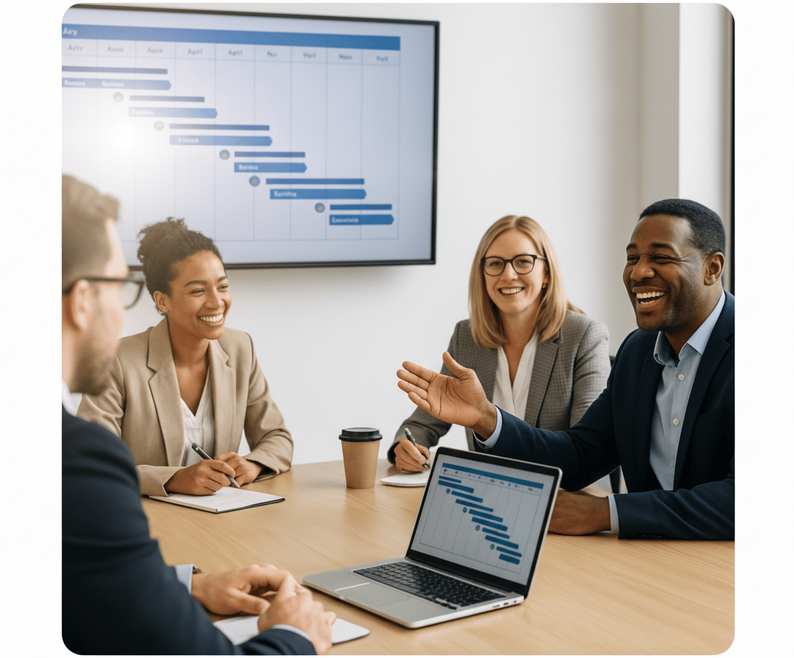 Team of business professionals reviewing Gantt chart during ERP project planning and success meeting