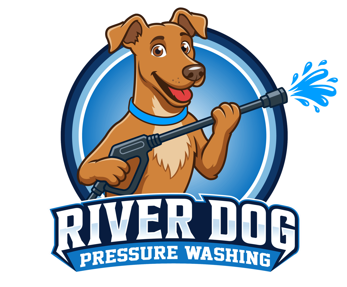 Official logo for River Dog Pressure Washing LLC; a brown dog holding a pressure washer wand