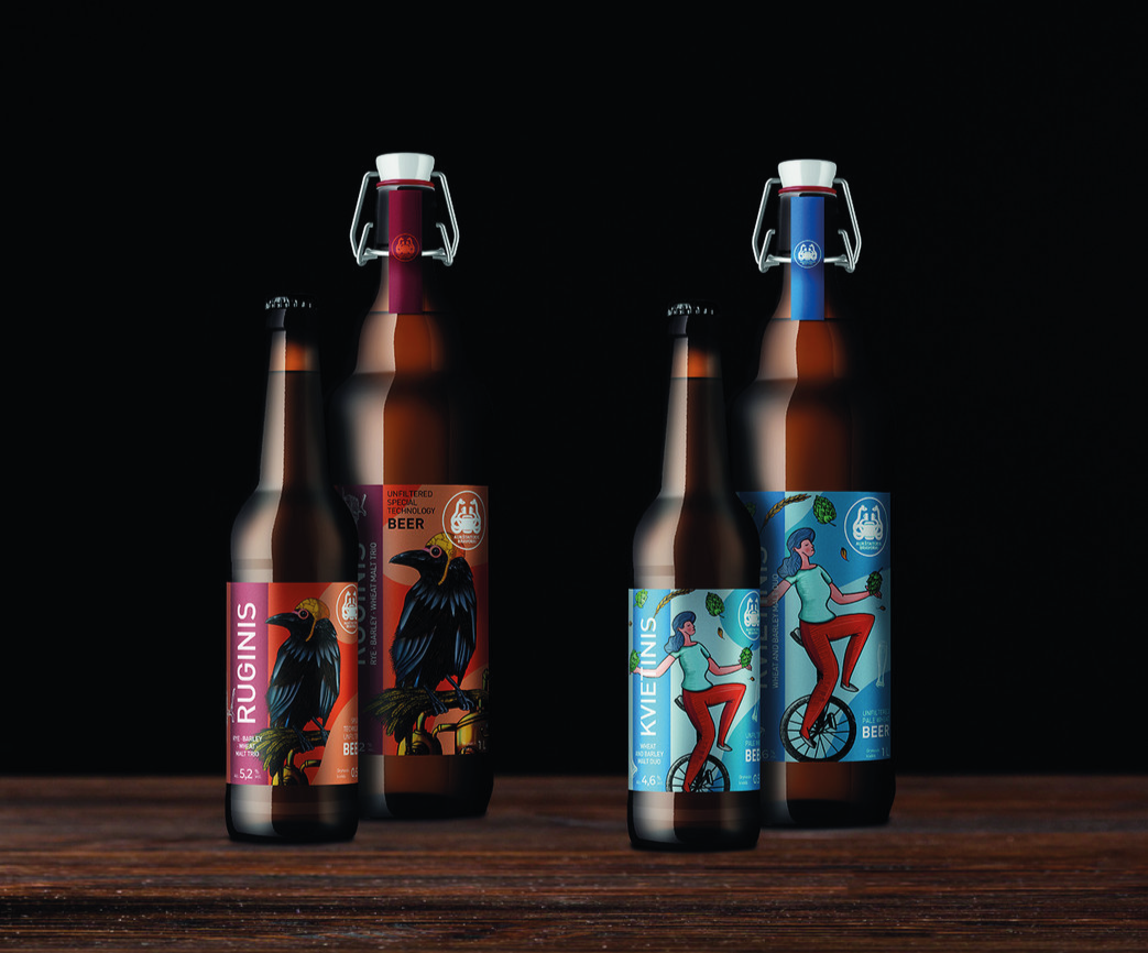 beer bottles with label designs, rye and barley beer