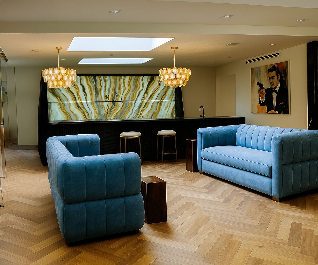 Blue tufted sofas in a stylish lounge with skylight, onyx bar, pendant lights, and James Bond art.