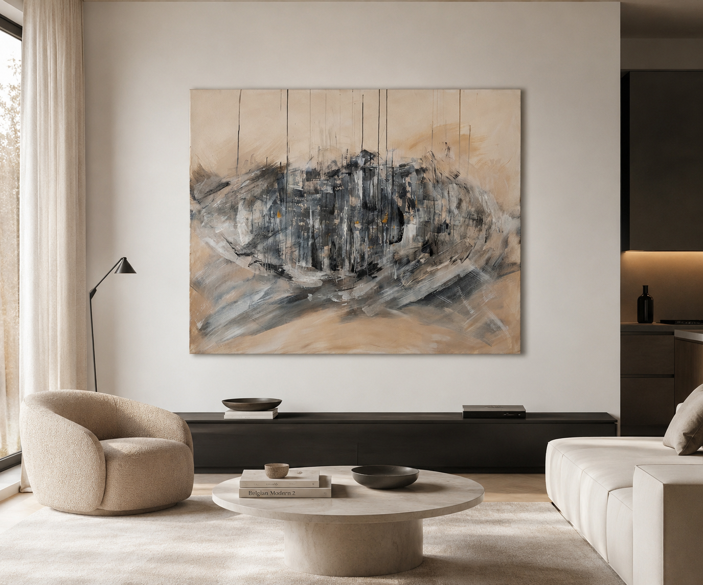 Large abstract city skyline painting in a minimalist living room with a round stone coffee table and boucle chair.