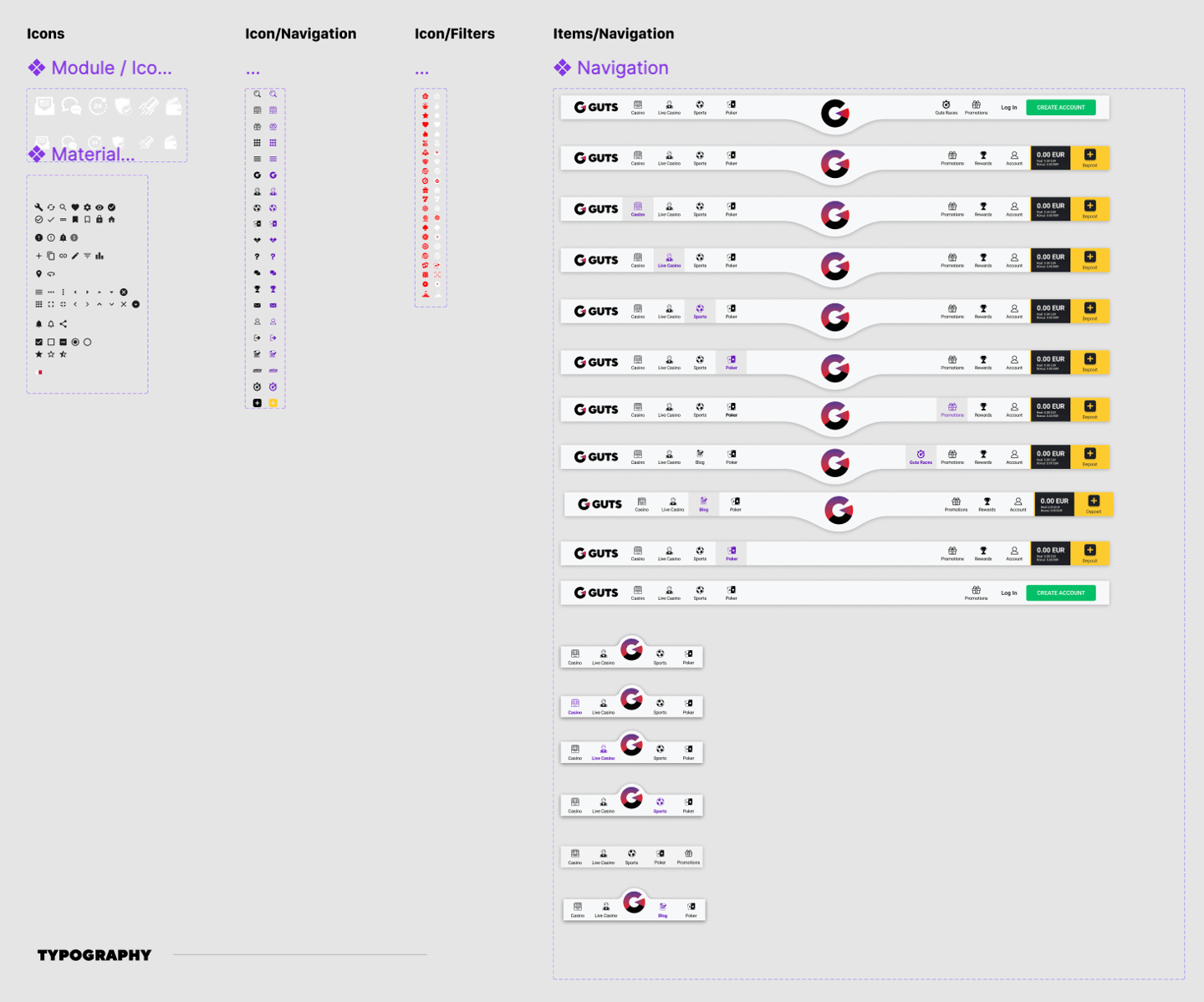 Guts design system—icon sets and multi-variant navigation bars using the heritage “nav bump” pattern
