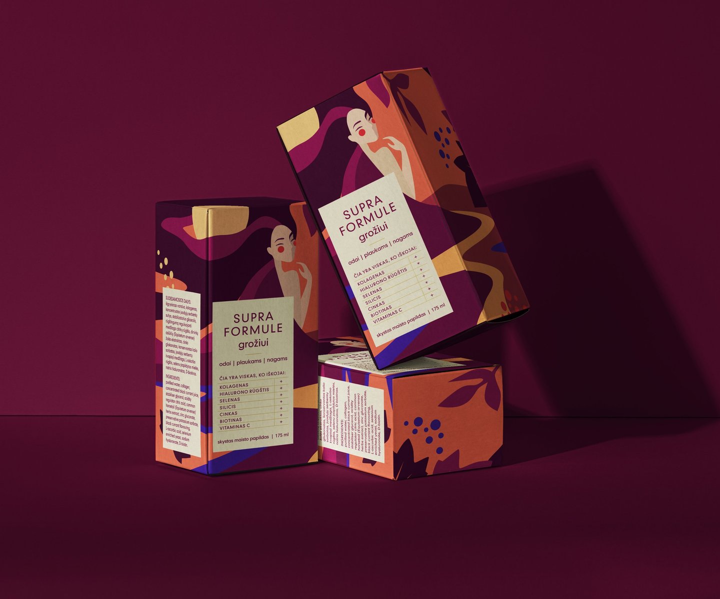 Supra Formule beauty supplement packaging boxes for skin, hair, and nails on a purple background.