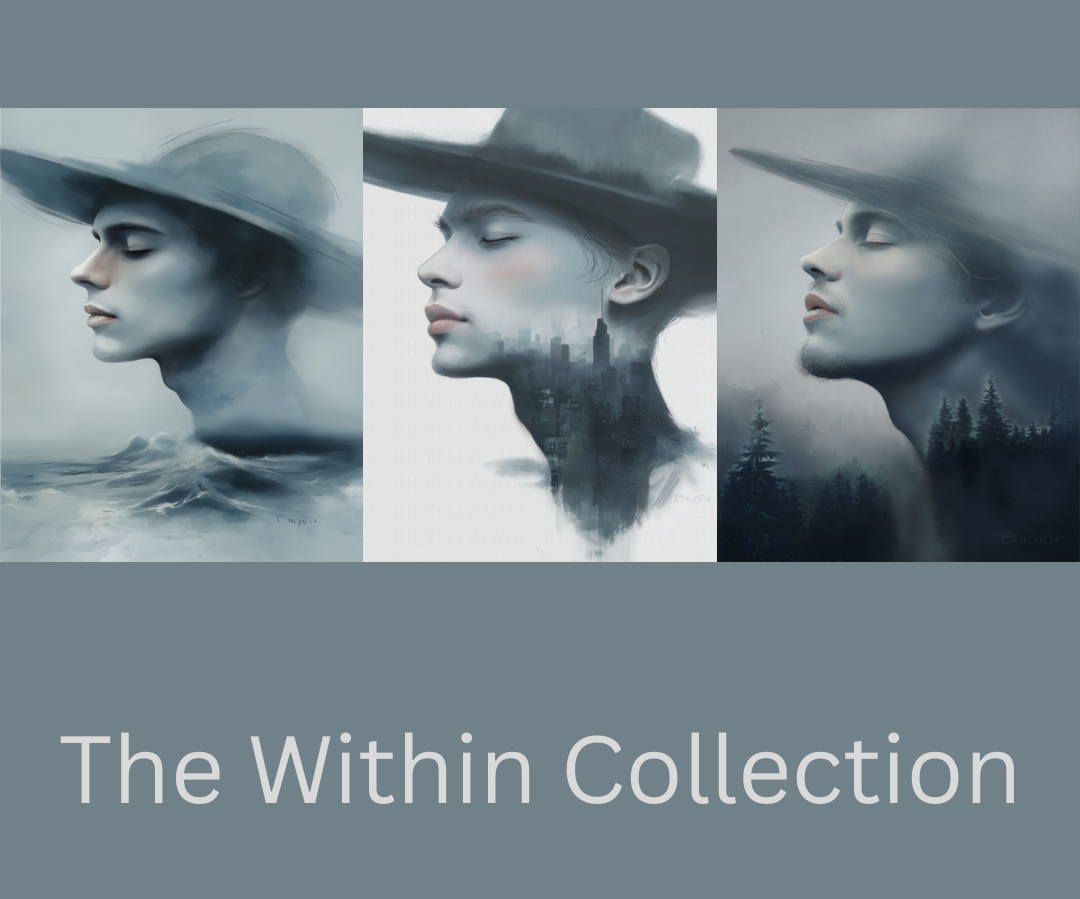 three paintings of a man in a hat