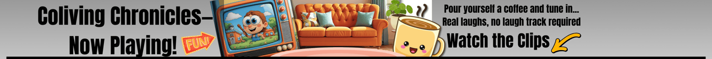 Coliving Chronicles banner with retro TV and couch — funny roommate clips now playing.