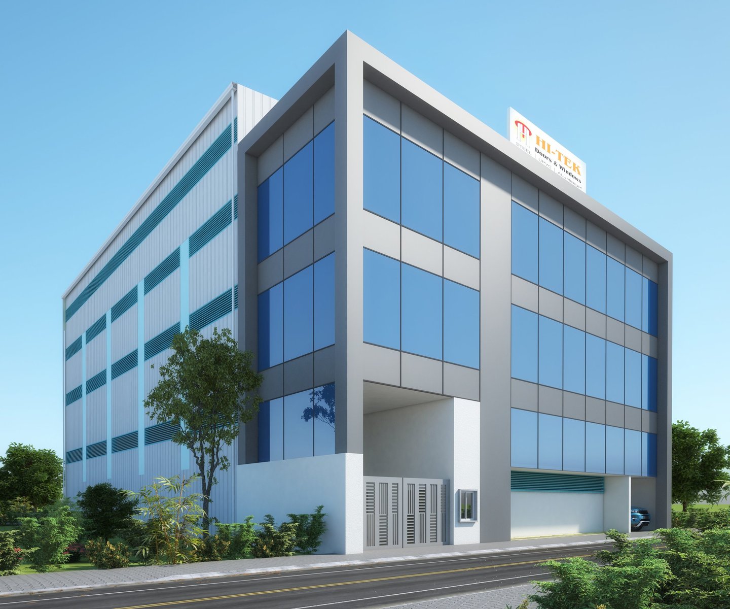 Modern Hi-Tek industrial building with blue glass windows and a sleek gray facade.