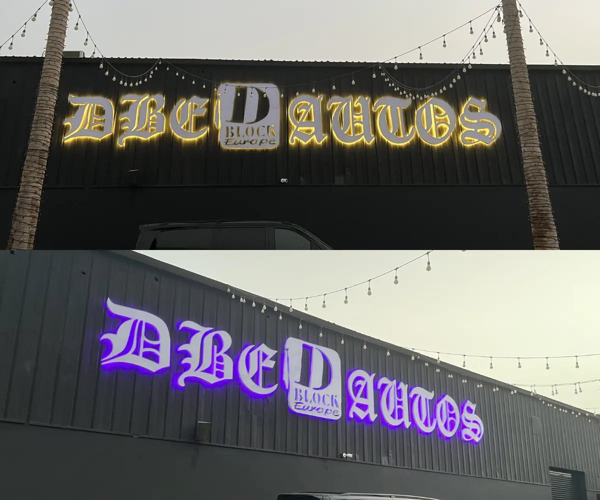 DBE Autos Dubai 3D Acrylic & channelium Backlight signage in Warm white & purple backlite 