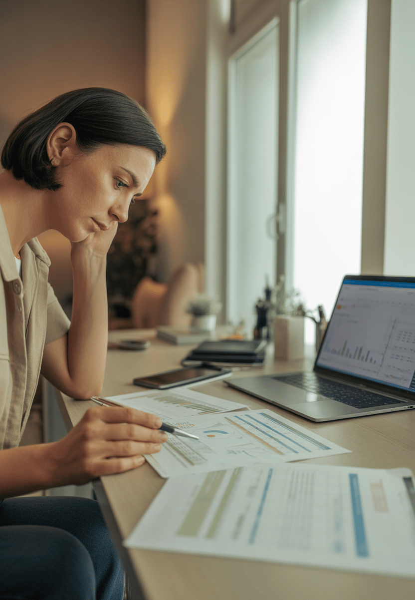 A focused businesswoman analyzing financial charts and data on a laptop and printed documents in a home office.