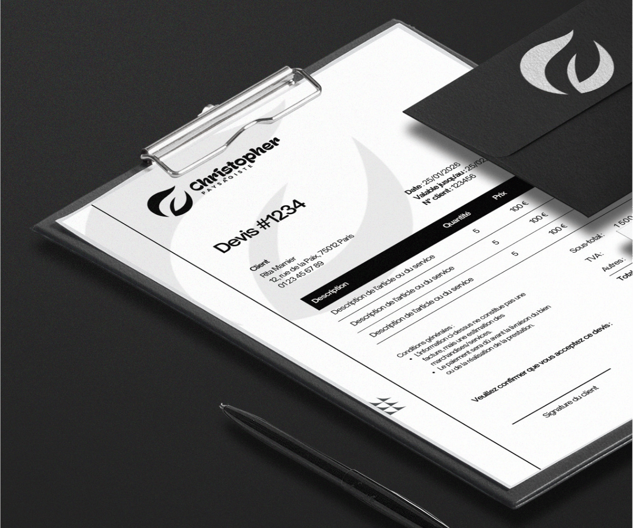 Clipboard avec une marque et un logo personnalisés pour paysagiste.