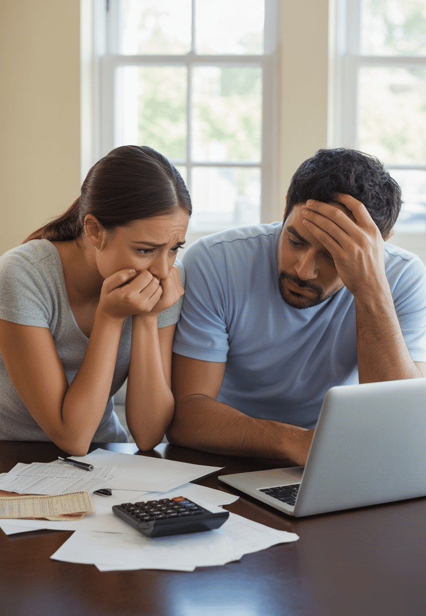 A stressed young couple managing debt and home finances on a laptop with a calculator.