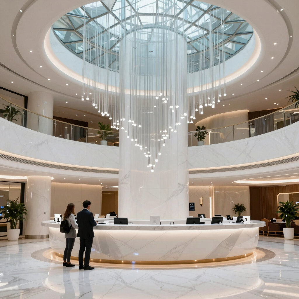 A bright hotel lobby with bold blue accents and sleek modern furniture reflecting Miami's glamour.