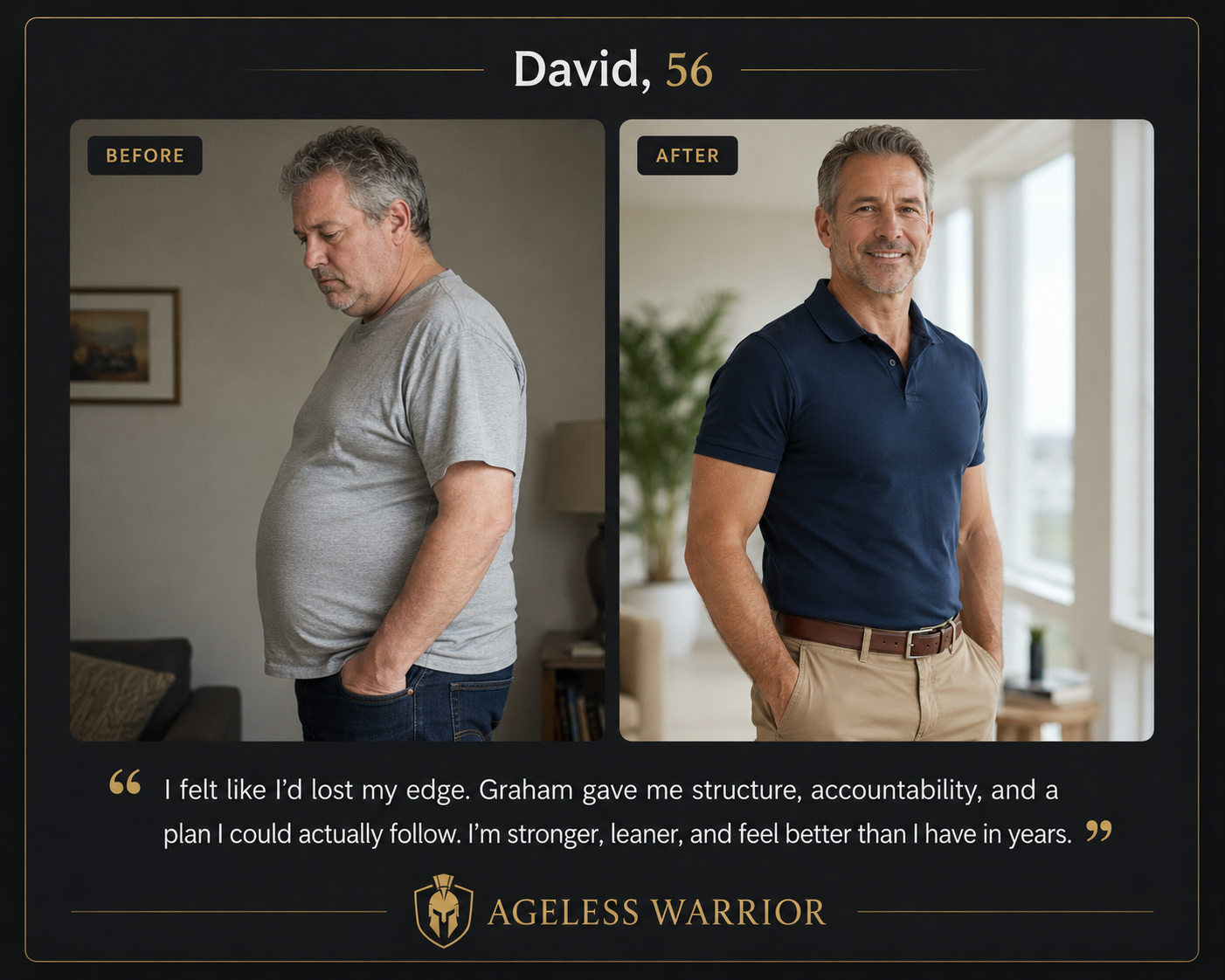 Man over 50 before and after fitness transformation with Ageless Warrior coaching