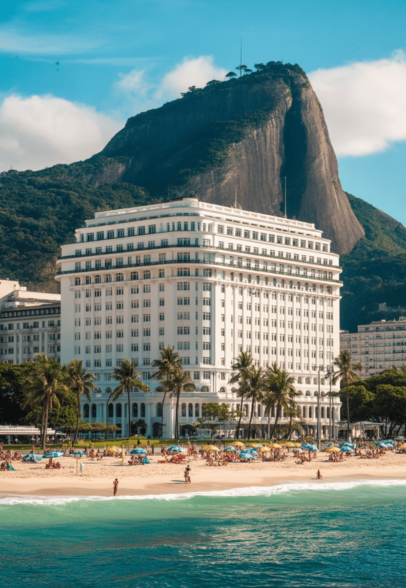 Copacabana Palace luxury hotel on the beach in Rio de Janeiro with Sugarloaf Mountain backdrop.