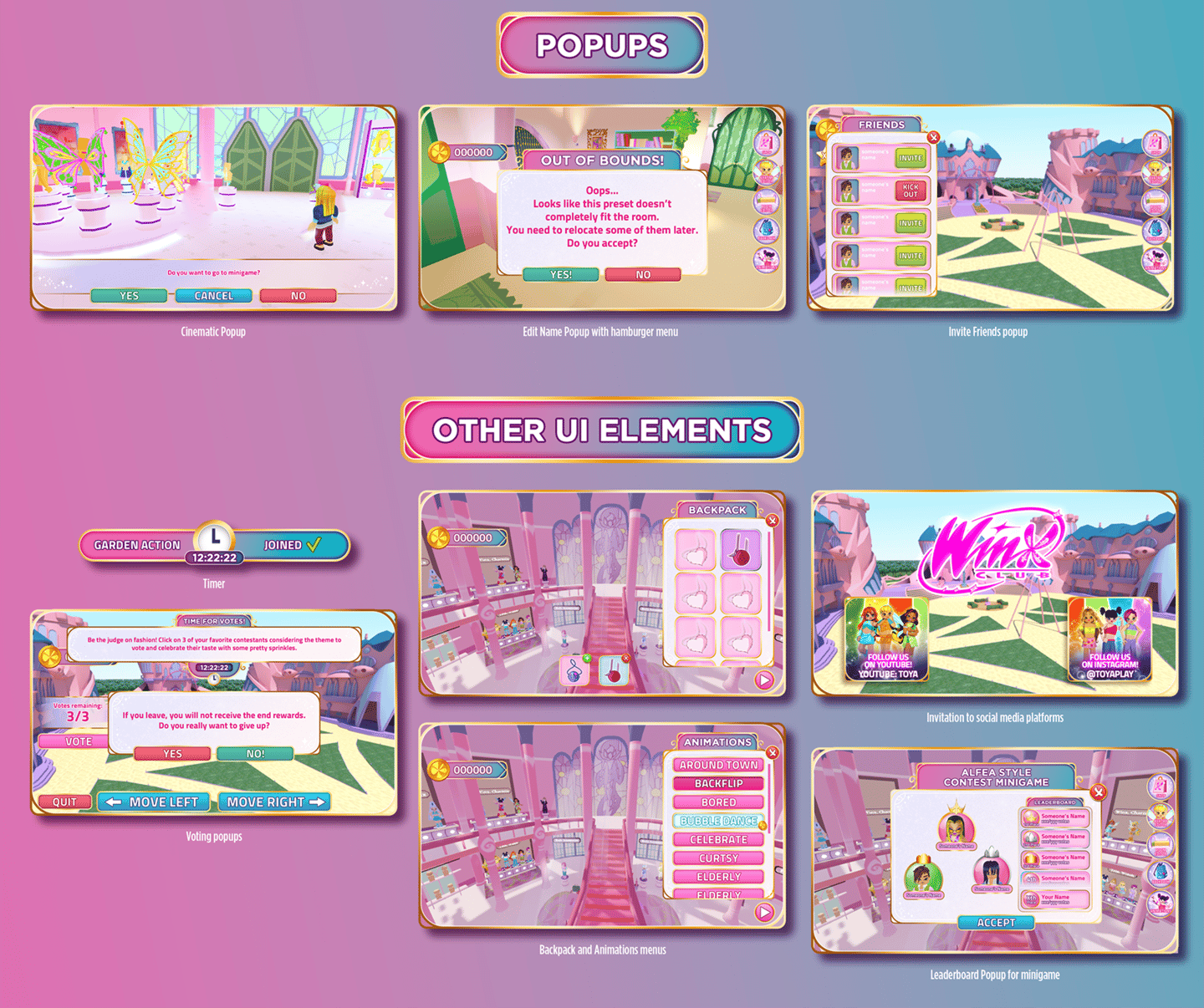 Popups and other UI elements I've designed for Winx: Club Roblox Game