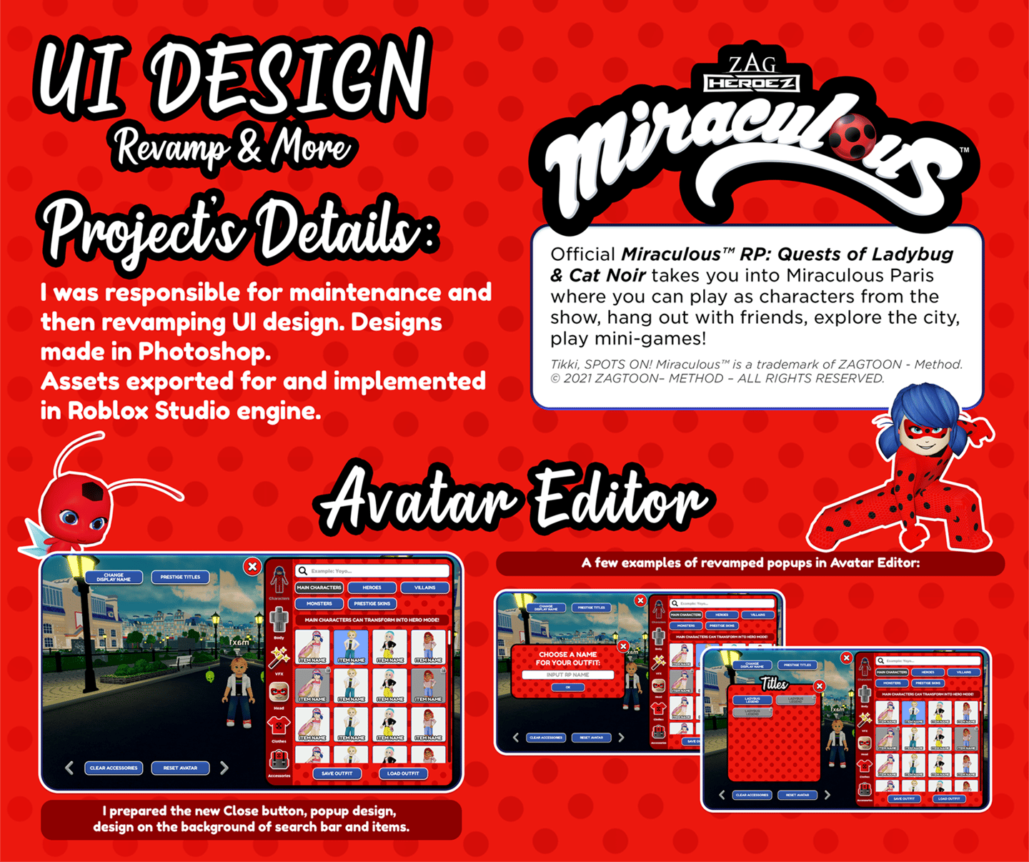 UI Design Revamp and more for Miraculous Ladybug RP Roblox game. I was responsible for revamping UI