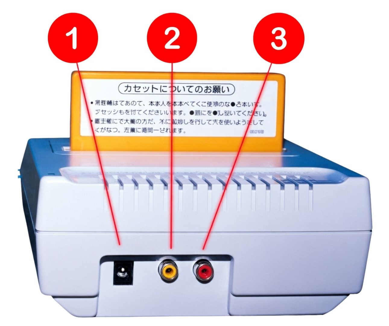Adaptador Famicom mostrando a parte de trás e suas saidas de video, audio e alimentação.