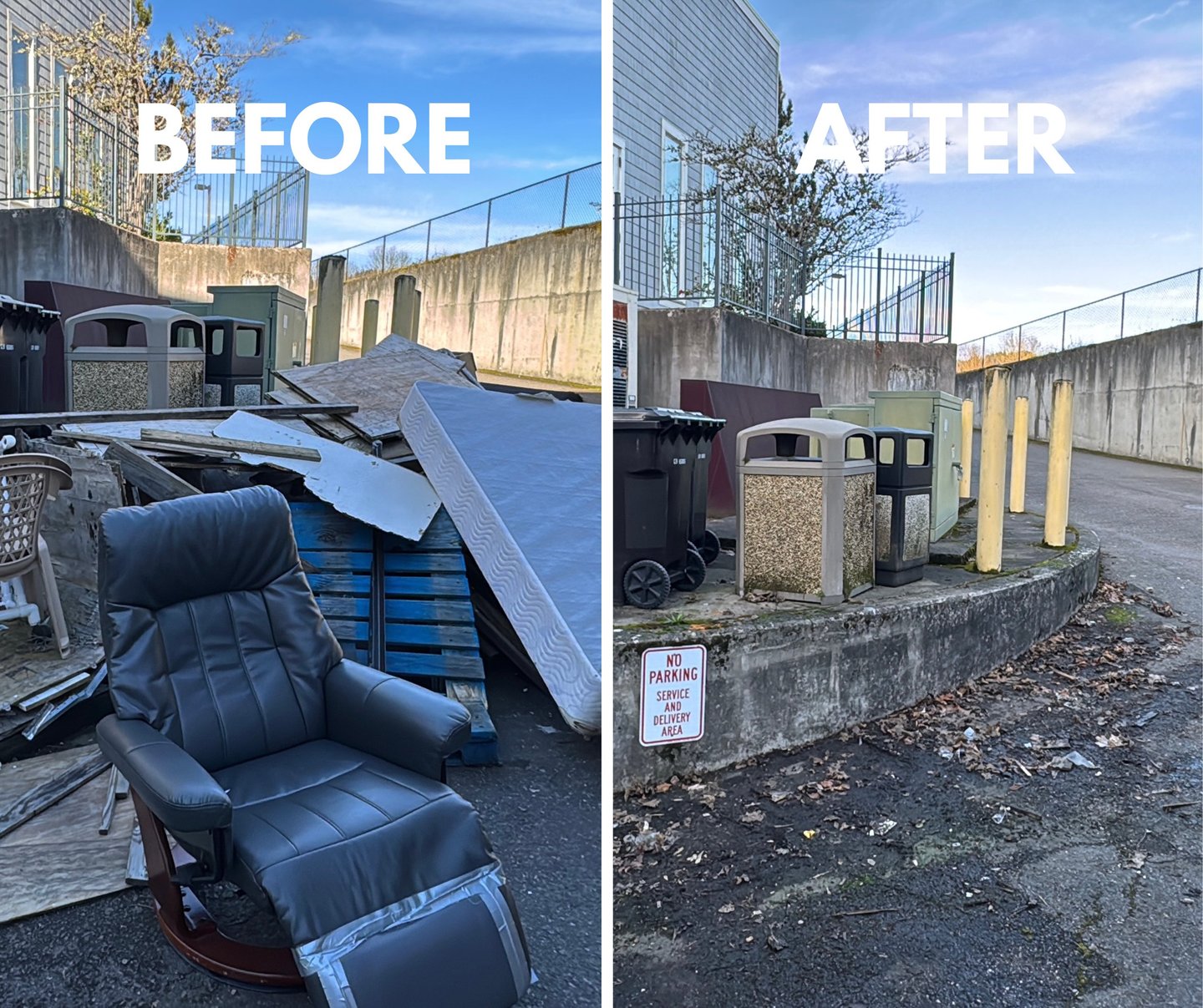 Before and after comparison of professional junk removal services clearing bulky waste and furniture from a loading zone.