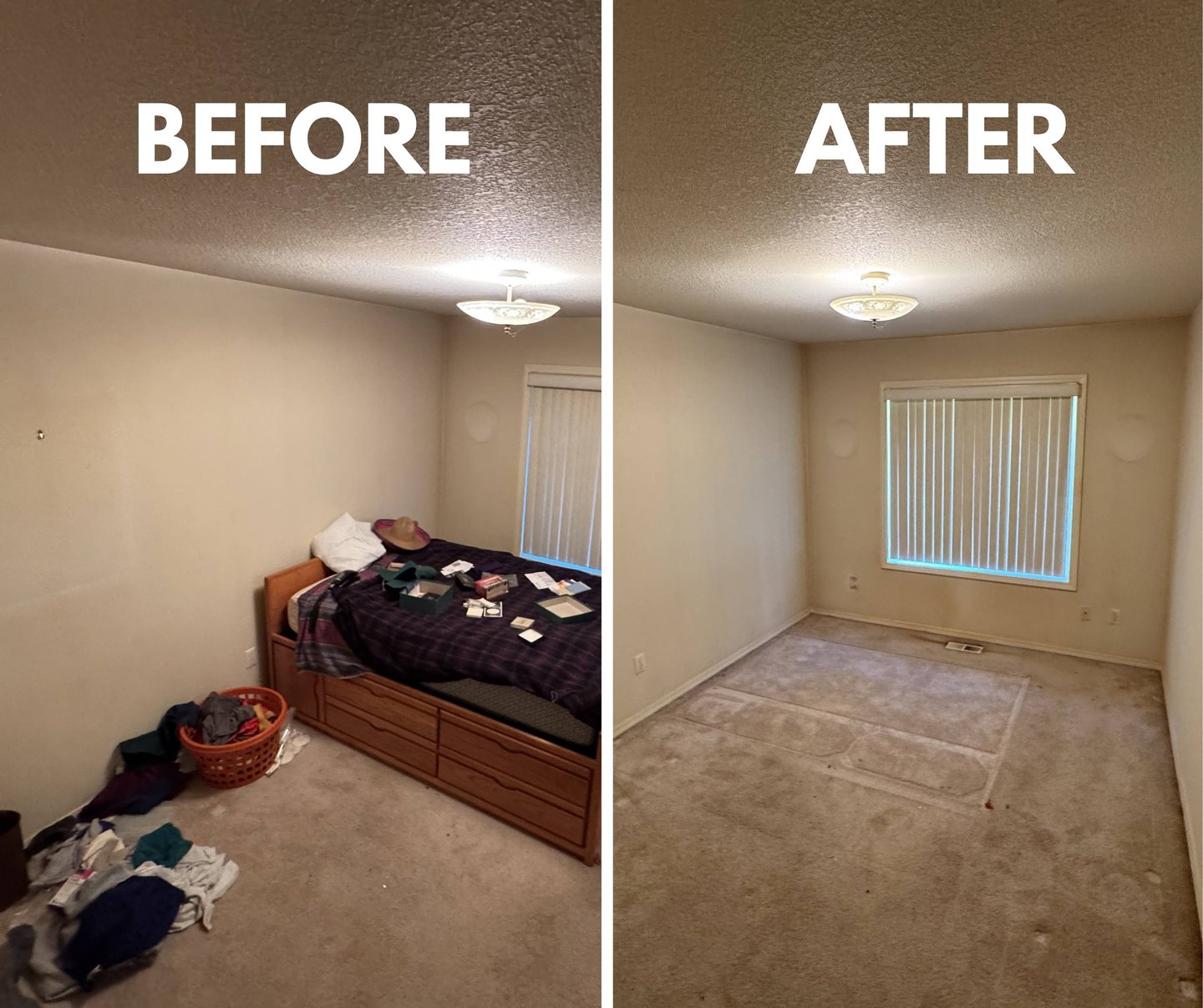 Before and after bedroom junk removal showing a messy room transformed into a clean, empty space.