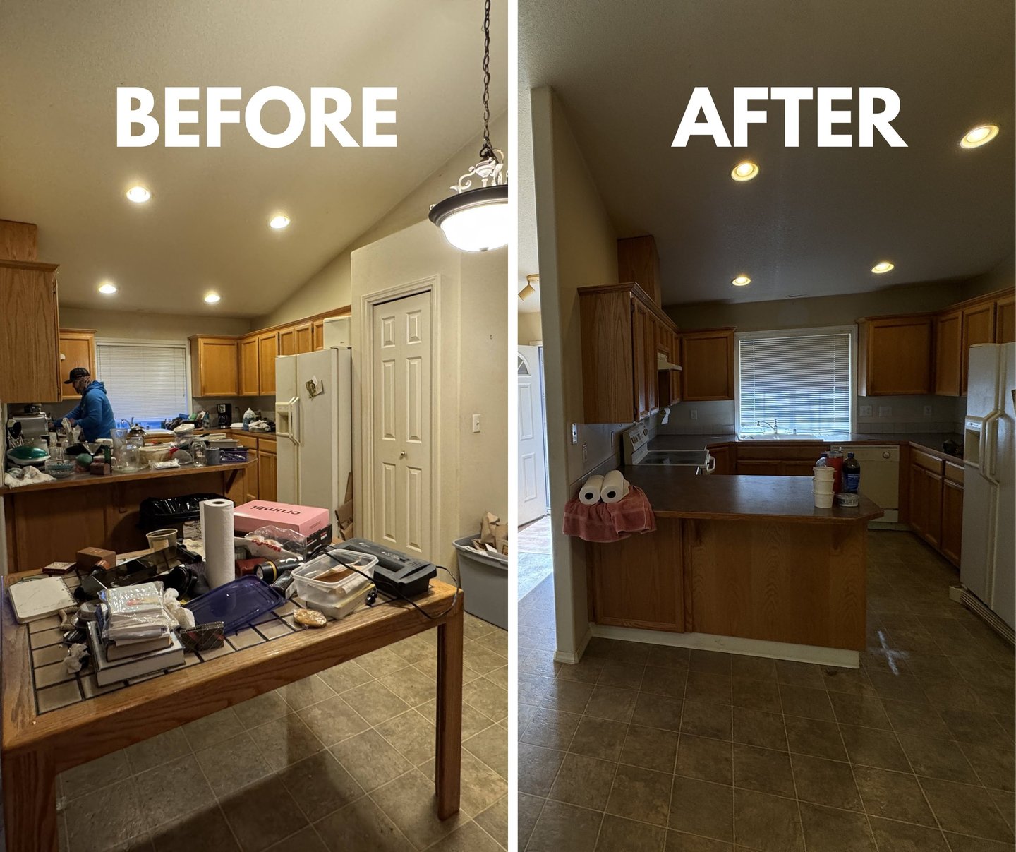 Before and after professional kitchen decluttering and deep cleaning service for home organization.