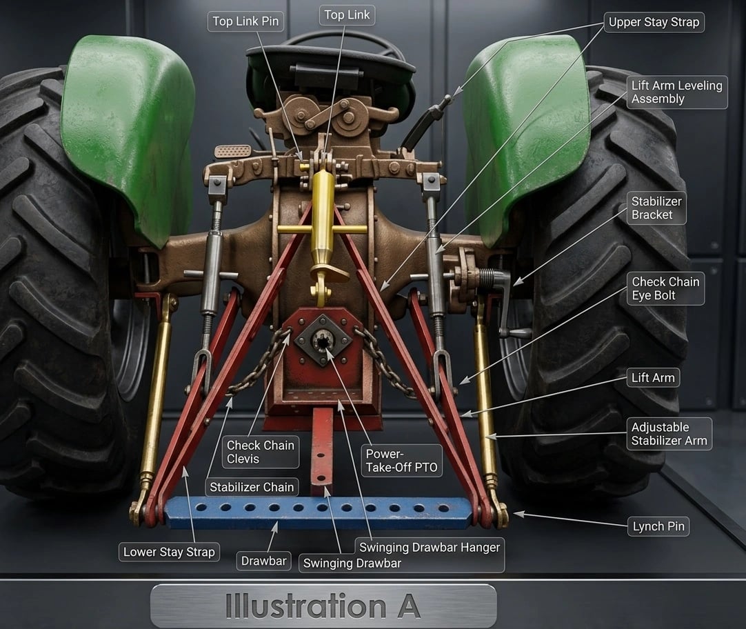 Illustration of tractor three-point linkage parts diagram 