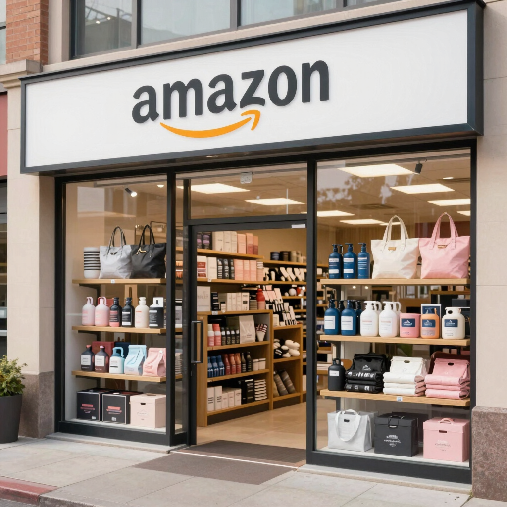 A sleek, modern shopping scene with navy blue and gold accents highlighting premium products on a clean white background.