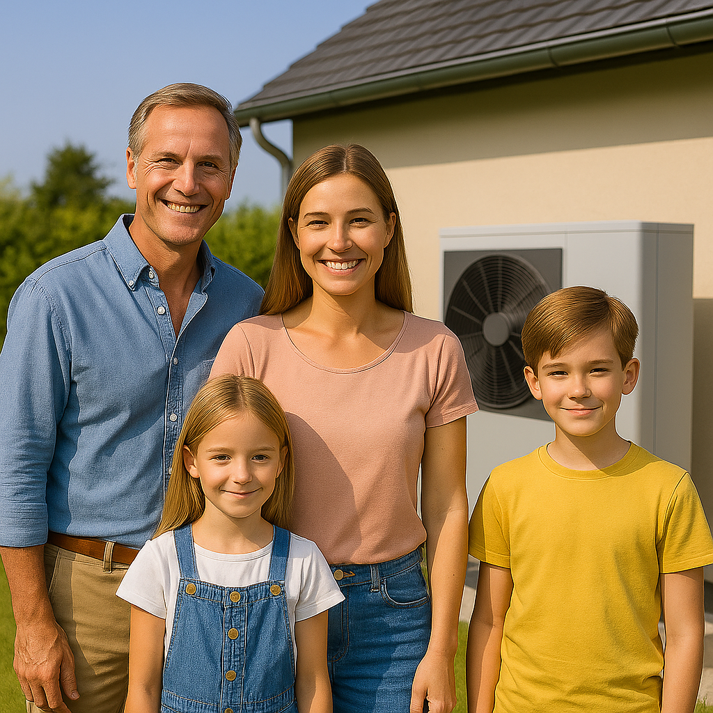 „Familie steht vor einem Wärmepumpen-Außengerät – Symbolbild für moderne Heiztechnik und Energieeffi