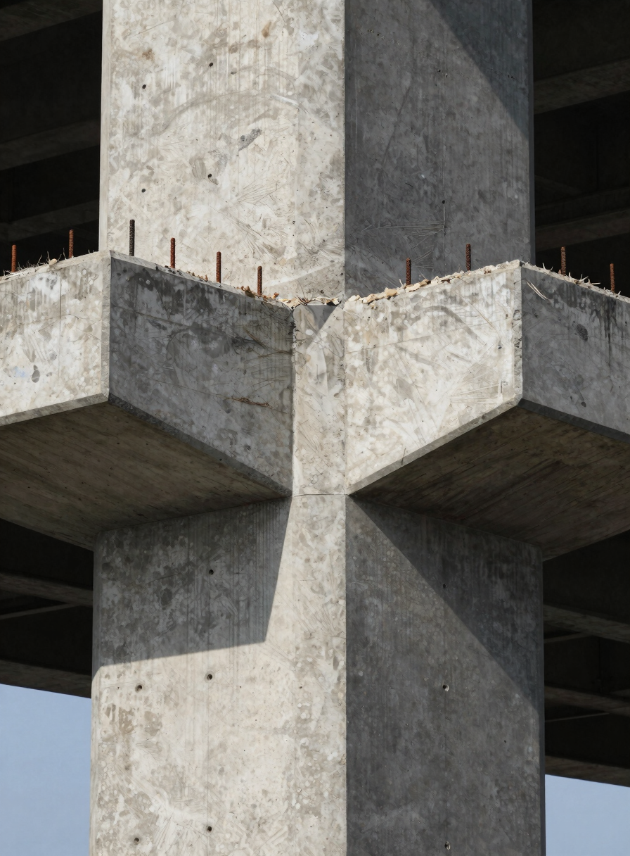 Extreme close-up of a finished reinforced concrete column joint on a completed bridge, sharp angular shadows from midday light revealing aggregate texture and steel rebar termination points, no people