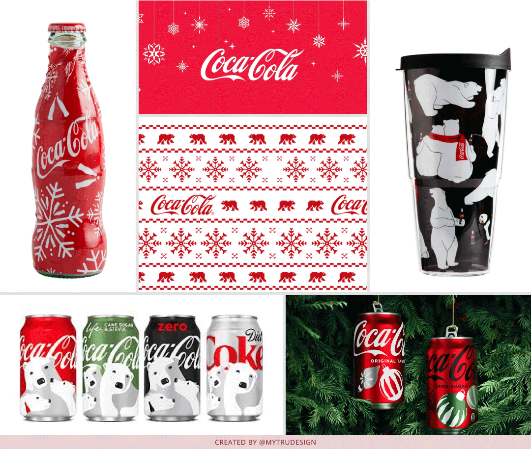 Coca-Cola can with holiday patterns of polar bears and snowflakes, enhancing its iconic red branding