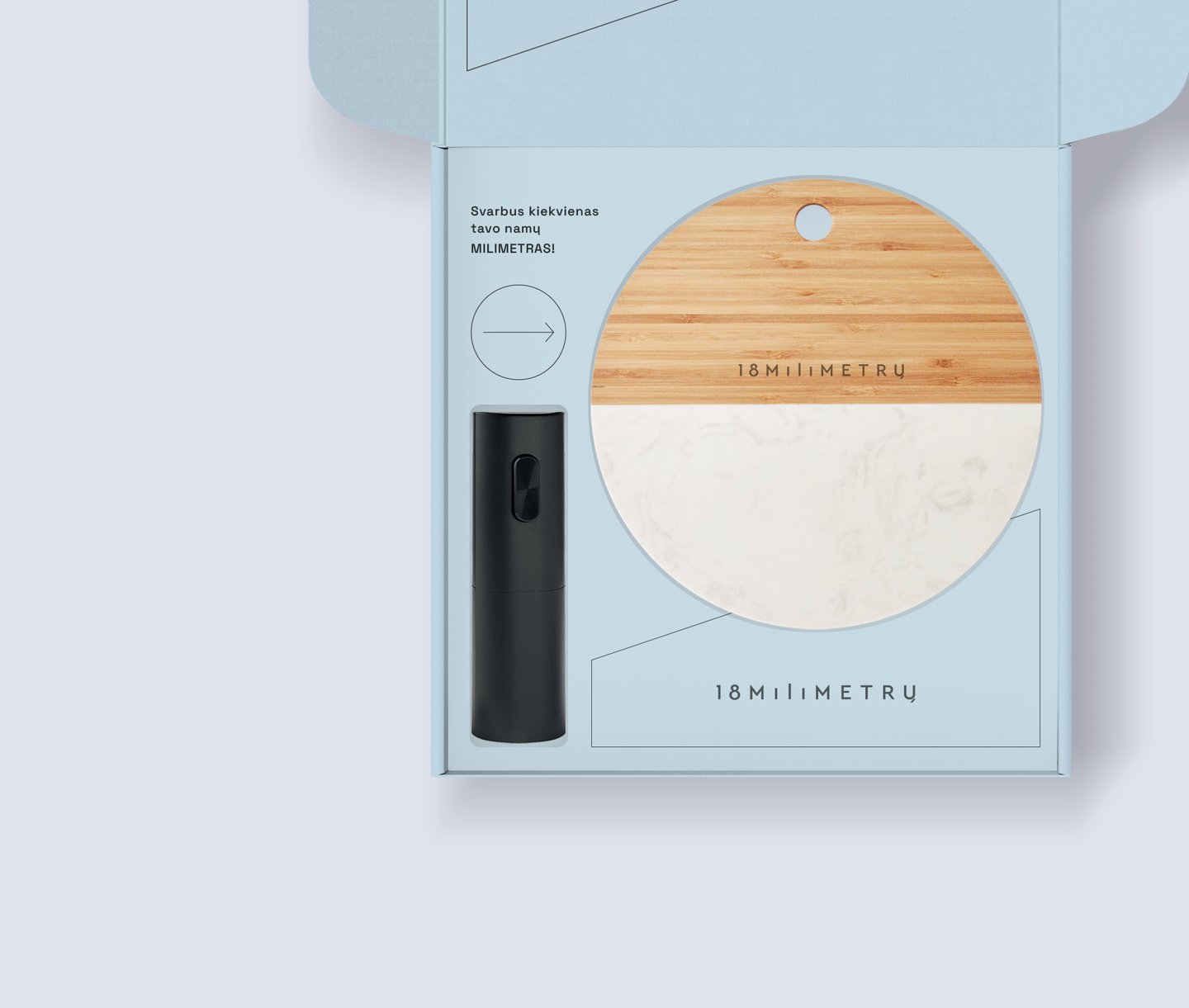 Luxury gift set featuring a marble and wood serving board and black wine opener in a blue box.