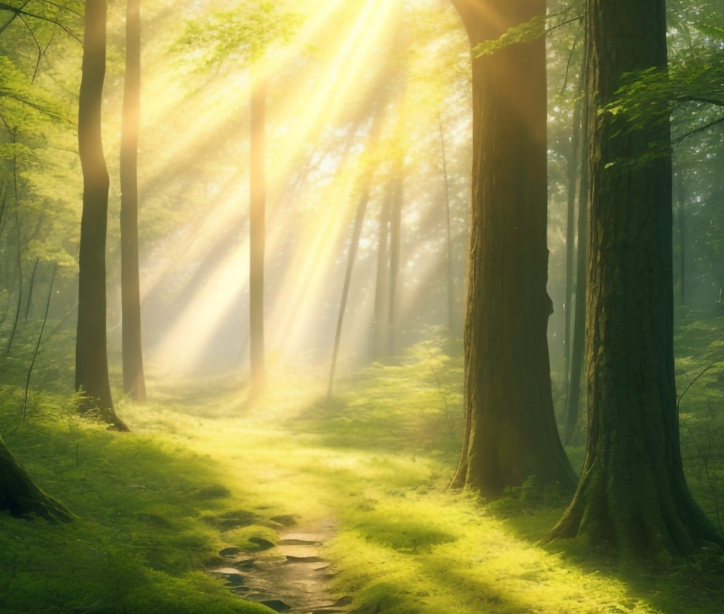 Image en arriere plan d'un bois ombragé avec un chemin lumineux