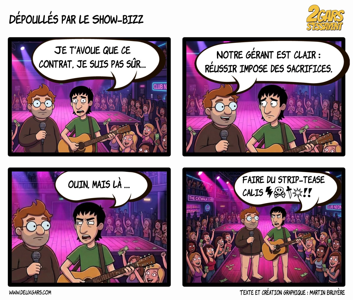 French comic strip 2 Gars S'essayent showing musicians performing as strippers in a nightclub.