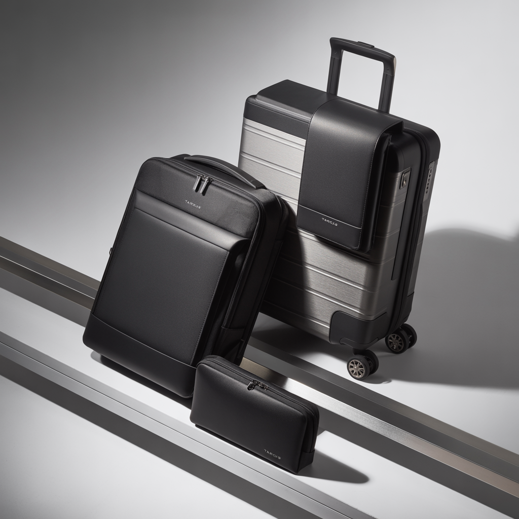 Targus black leather travel luggage set featuring a rolling suitcase, backpack, and tech pouch.