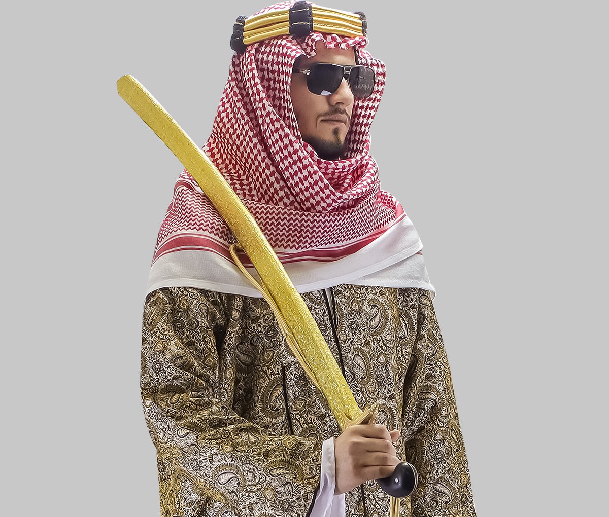 a man in a traditional costume holding a baseball bat