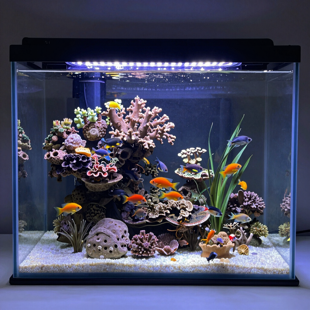A vibrant saltwater aquarium featuring colorful tropical fish, coral reefs, and LED lighting.