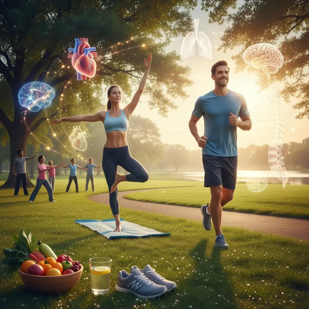 a man and woman doing yoga in the park