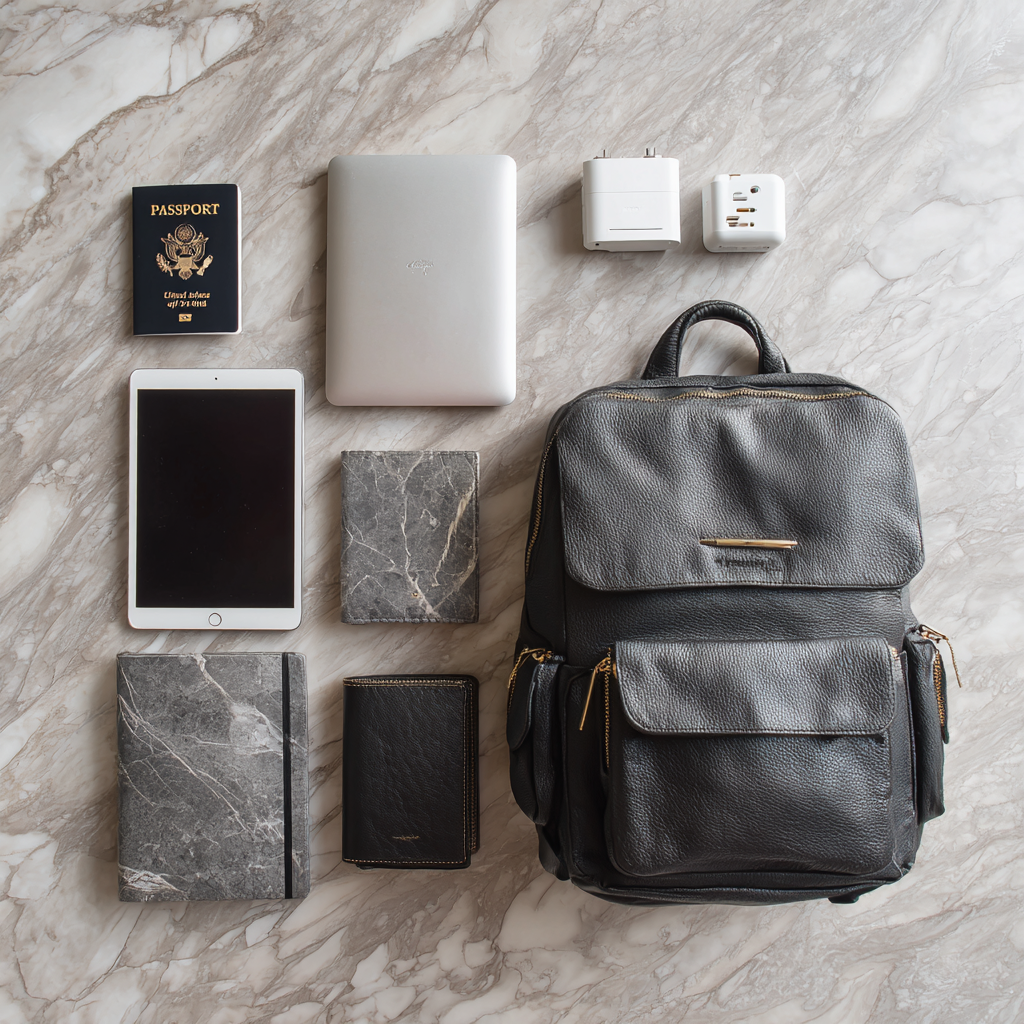 Travel accessories including laptop bag, tablet, and international power adapter on marble surface