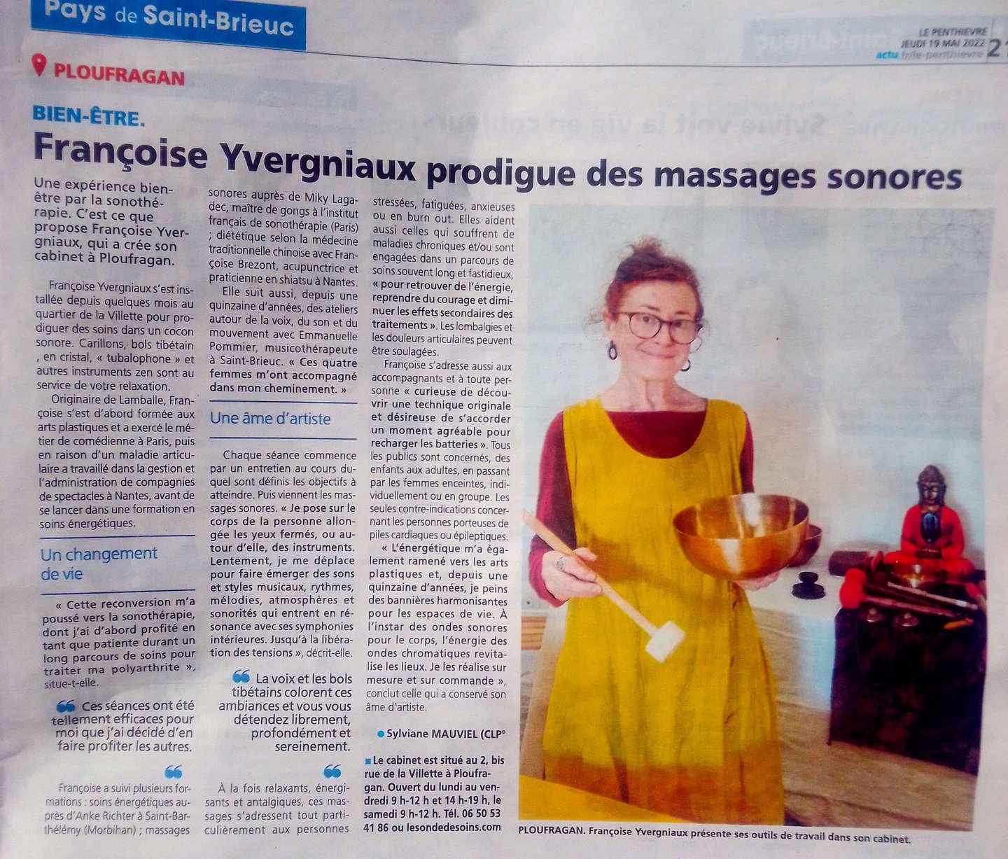Article paru sur moi et mon travail de sonothérapie dans le Penthièvre à l'ouverture du cabinet.