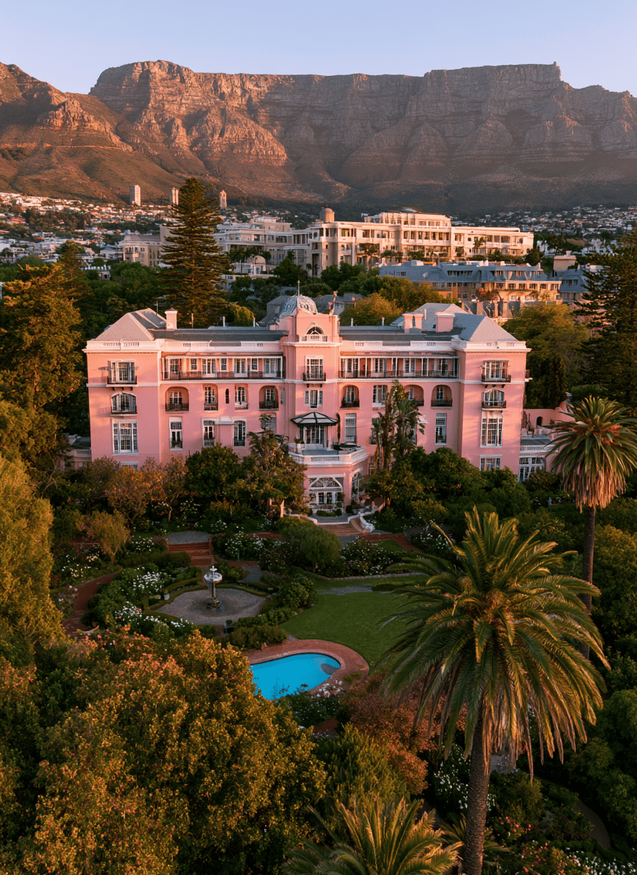 Aerial view of the pink Mount Nelson Hotel in Cape Town with Table Mountain in the background.