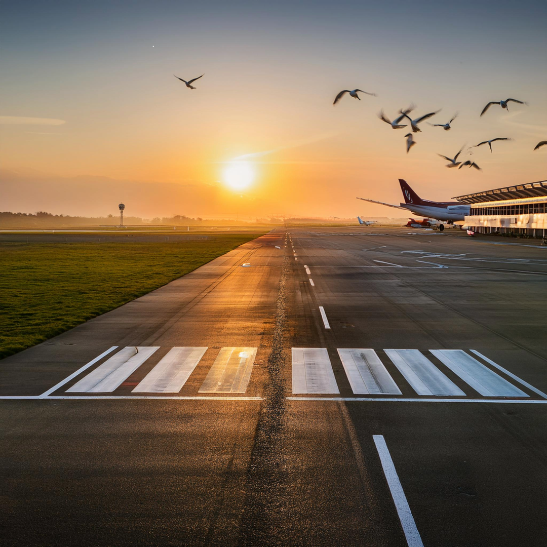 A plane taking off from the runway at sunset