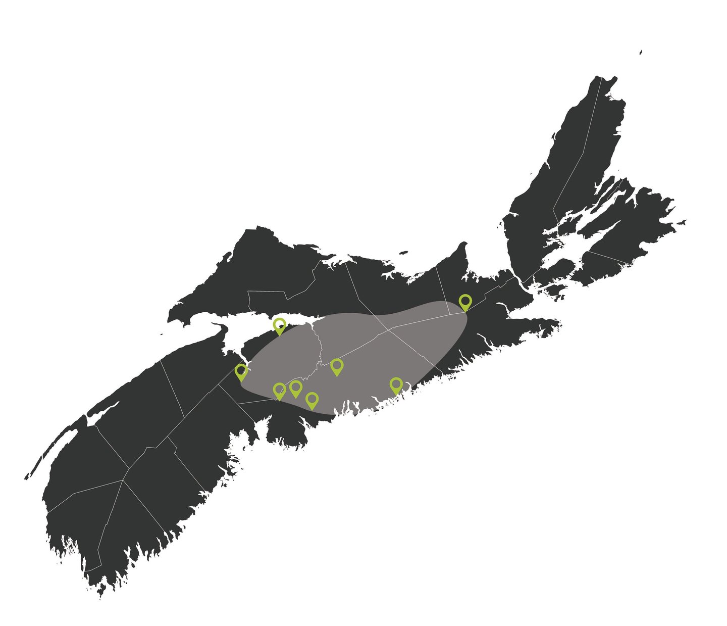 Map of Nova Scotia showing the service area for E&S Septic.