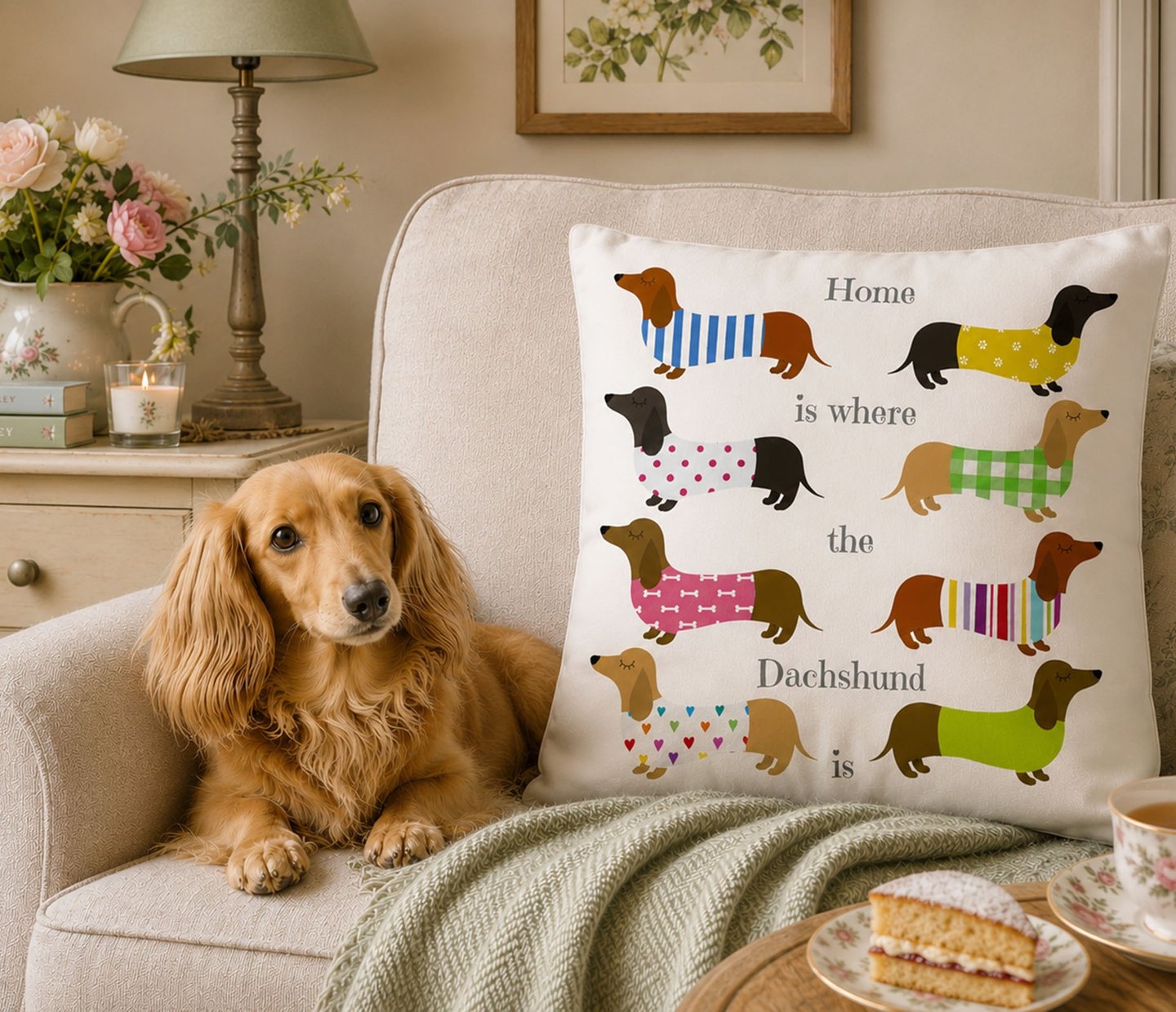 Dachshund cushion gift for dog lovers displayed on an armchair with a dachshund