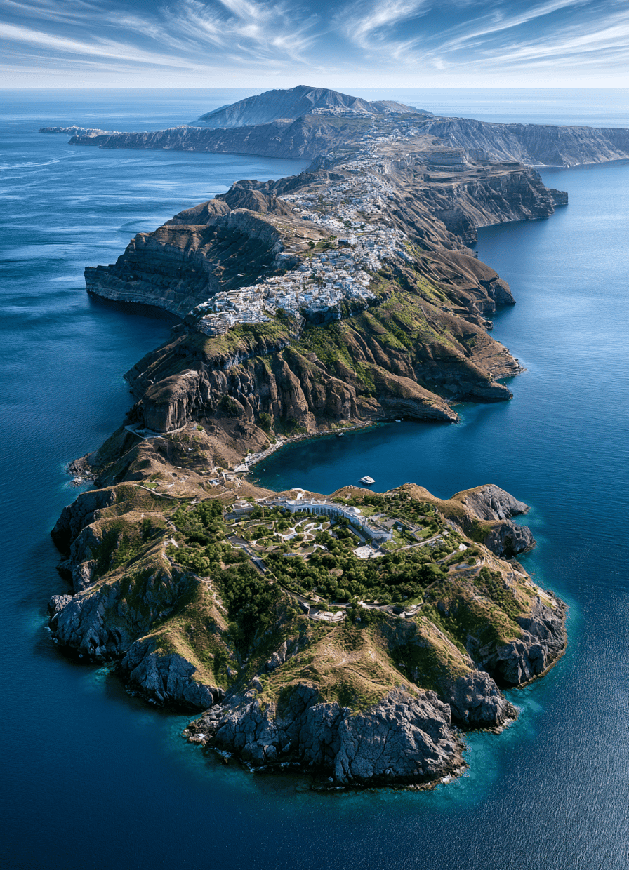 Aerial view of Santorini island cliffs with white houses overlooking the blue Aegean Sea.