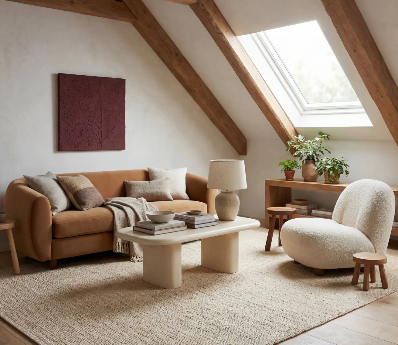 Modern living room featuring a tan sofa, white boucle chair, and wood ceiling beams.