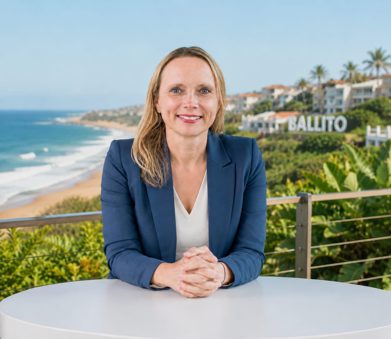 Blonde Geschäftsfrau im blauen Blazer auf Balkon in Ballito mit Blick auf den Strand.