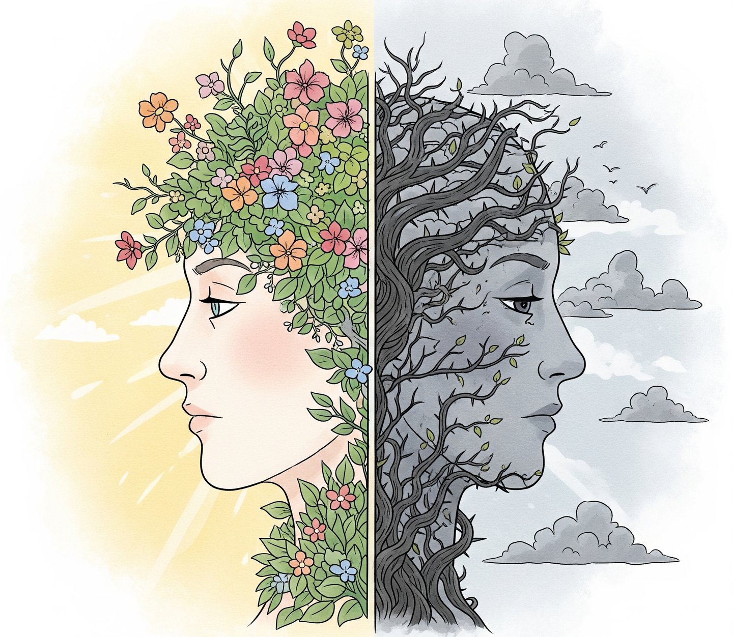  Ilustração de um rosto em perfil, dividido ao meio. O lado esquerdo é vibrante, com flores e folhas